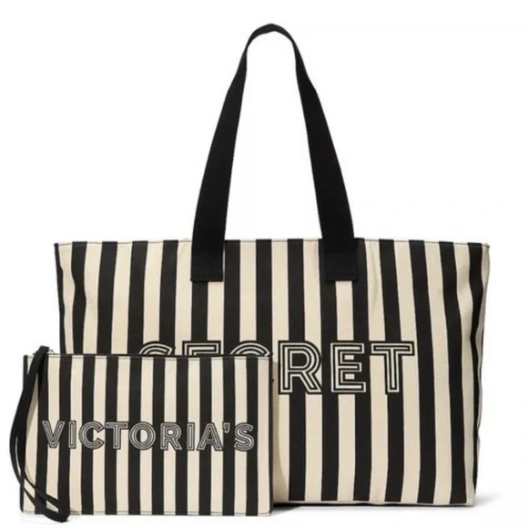 Victoria's Secret Black and White Striped Tote Set NWT - Picture 2 of 15